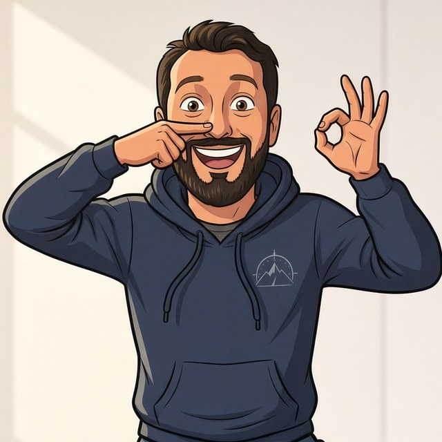 Cartoon of Valerio in a hoodie, smiling, with both arms up and making an OK sign